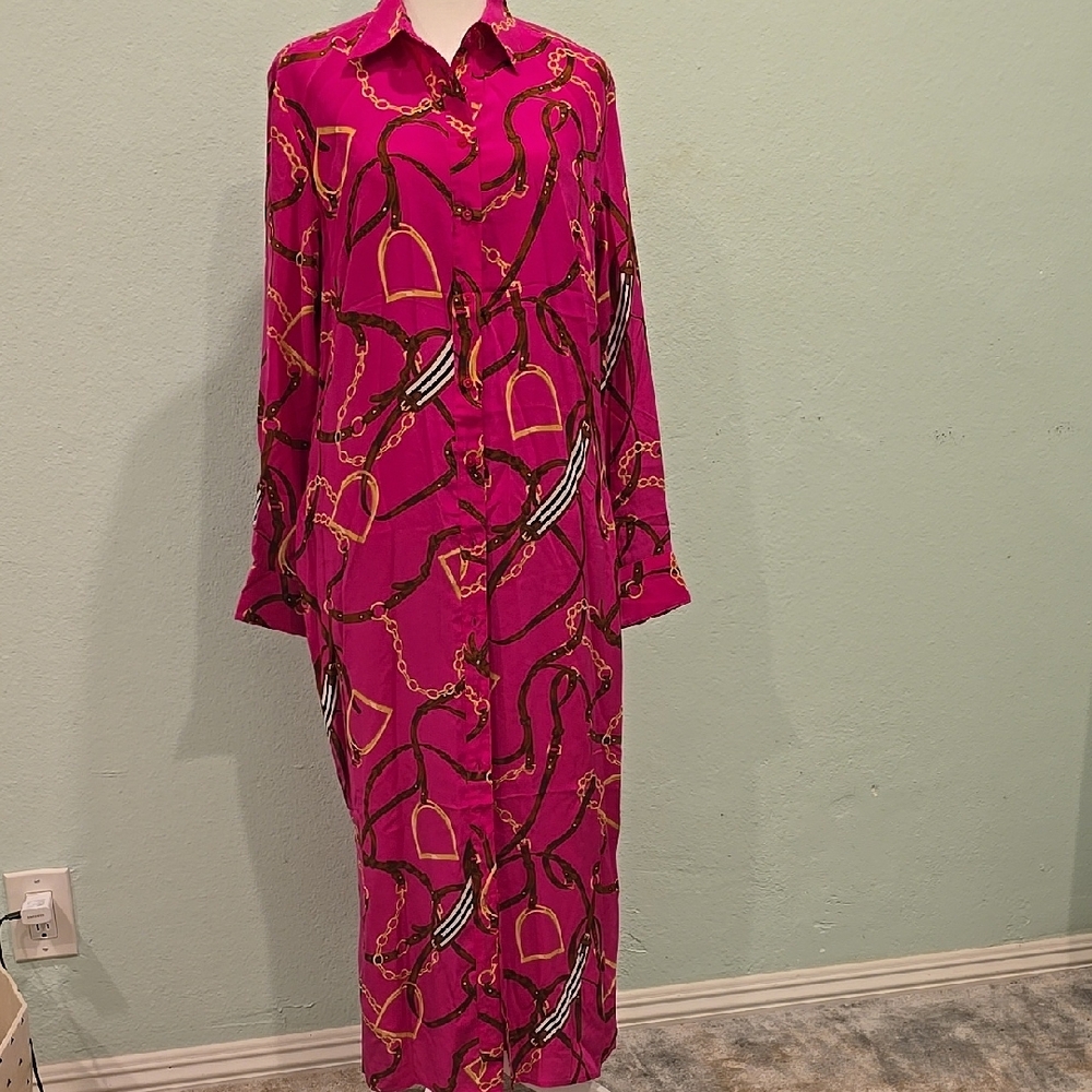 Lauren Ralph Lauren Pink Maxi Dress wirh band, long Sleeves, 100%Silk